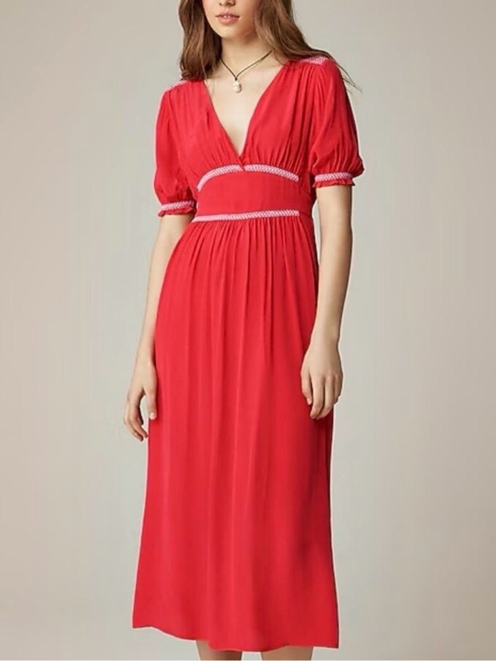 J. Crew Smocked-trim midi dress in crepe de chine